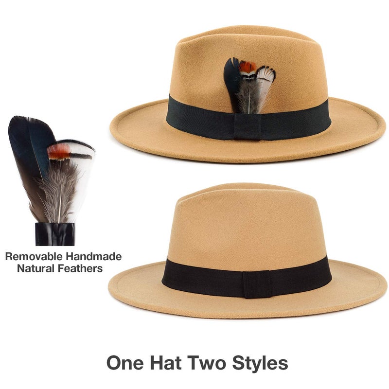 FADACHY Classic Fedora Hat for Men & Women Wide Brim Felt Hat Panama Dress Hat Camel Fedora, L Large XL - Image 2